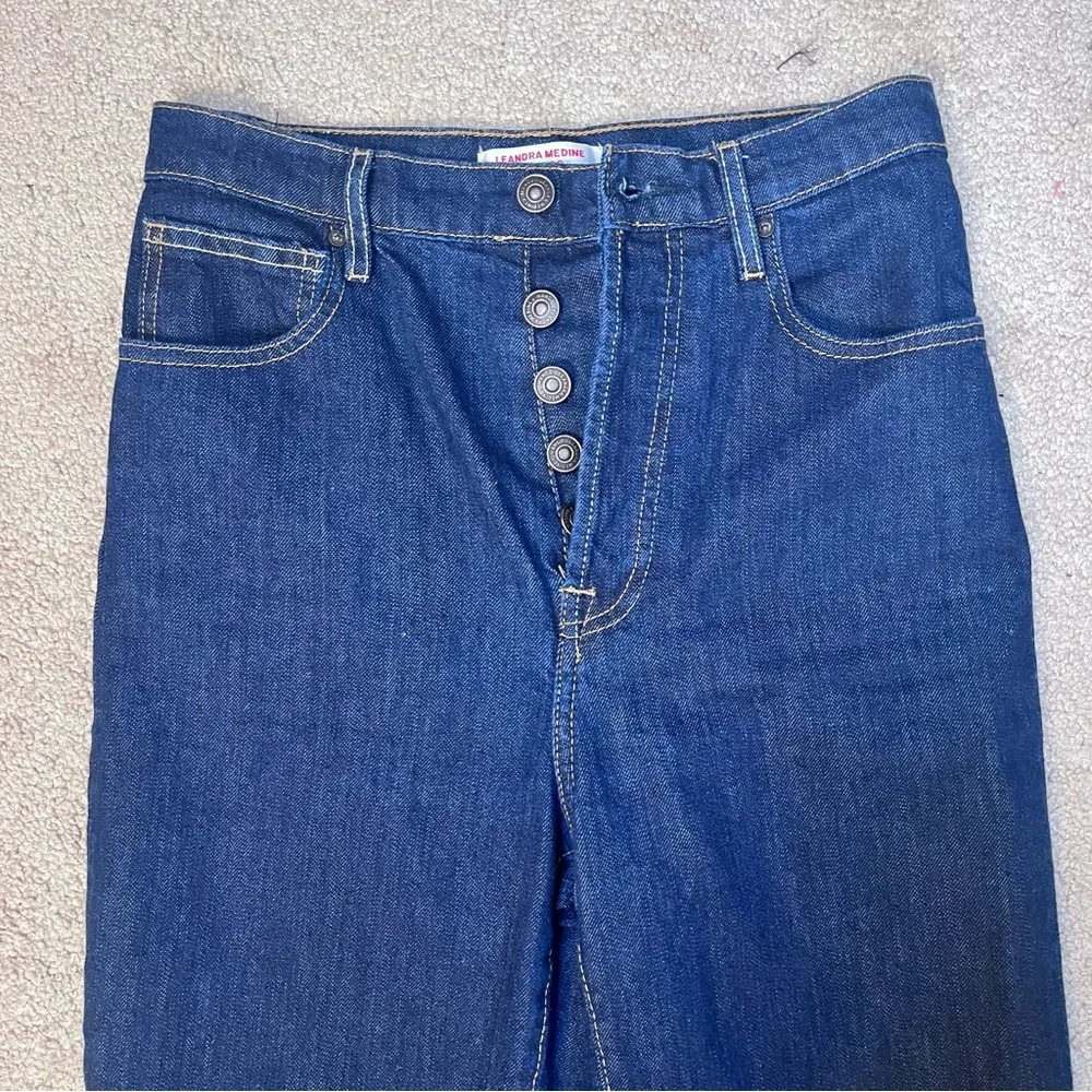 Leandra Medine X Mango Button Fly Dark Denim Jeans Women’s 4 Straight Hi Rise - Picture 2 of 14